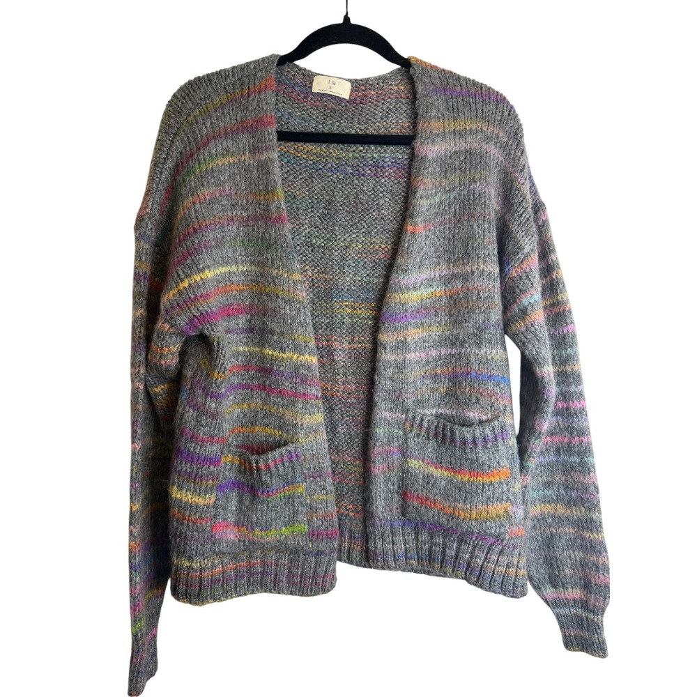 Aritzia t.la Grey Rainbow Stripe Chunky Knit Open Front Cardigan Sweater Small